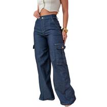 Calça Wide Leg Cargo Pantalona Jeans Feminina com Elastano -