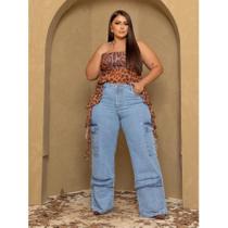 Calça Wide Leg Cargo Plus size clara premium Pantalona jeans Feminina