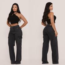 Calça wide leg cargo tecido grosso premium
