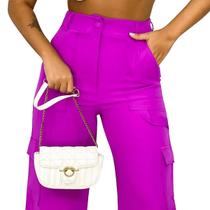 Calça Wide Leg Cargo Tendência Bolso Tecido Pantalona Moda Blogueira Elegante Colorida Alfaiataria Social Oferta