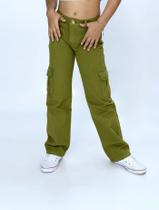 Calça Wide Leg Cargo Verde Militar Infantil Feminino Estilo e Conforto - Brink Link