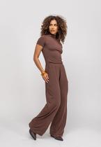 Calça Wide Leg Com Bolso Malha Marrom Salvatore Fashion