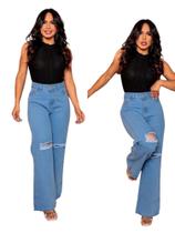 Calça wide leg com rasgo no joelho pantalona feminina