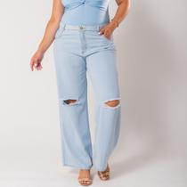 Calça Wide Leg Com Rasgo No Joelho Plus Size