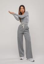 Calça Wide Leg de Moletom com Cós Canelado e Ajuste por Cadarço Cinza Salvatore