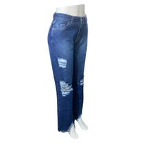 Calça Wide Leg Destroyed e barras desfiadas Azul Escuro - 3050