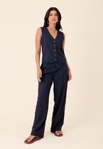 Calça Wide Leg Em Linho Bolso Faca Pregas