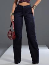 Calça Wide Leg Estilosa com Bordado PitBull Jeans 87043 COR:AZUL ESCUROTAMANHO:42