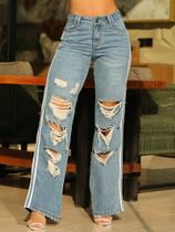 Calça Wide Leg Estilosa Destroyed PitBull Jeans 89762 COR:AZUL MEDIOTAMANHO:42