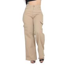 Calça Wide Leg feminina Bege Caqui Cargo Bolso do lado Premium cintura alta Pantalona