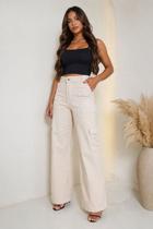 Calça Wide Leg Feminina Bolso Cargo Sarja Off White 8607
