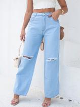 Calça wide leg feminina com rasgos no joelho pantalona