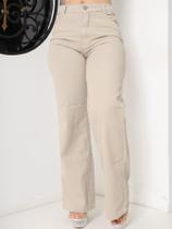 Calça Wide leg feminina jeans bege Caqui tendência pantalona lançamento