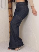 Calça Wide leg feminina jeans bolso cargo escura tendência pantalona lançamento