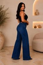 Calça Wide Leg Feminina Jeans Cintura Alta Barra Desfeita Confortável Premium Azul Escuro