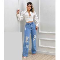 Calça Wide Leg Feminina Jeans Claro Com Rasgos Barra Feita