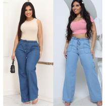 Calça Wide Leg Feminina Larga Pantalona com elástico na cintura Jeans Clara Moda Blogueira