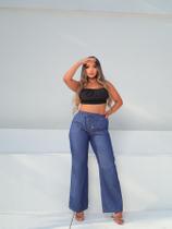 Calça Wide Leg Feminina Larga Pantalona com elástico na cintura Jeans escura Moda Blogueira