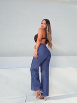 Calça Wide Leg Feminina Larga Pantalona com elástico na cintura Jeans escura Moda Blogueira