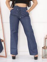 Calça Wide Leg Feminina Larga Pantalona com elástico na cintura Jeans escura Moda Blogueira tendencia