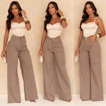 Calça Wide Leg Feminina Sarja Cintura Alta Alfaiataria Conforto Elastano -
