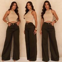Calça Wide Leg Feminina Sarja Cintura Alta Alfaiataria Conforto Elastano -