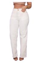 Calça Wide Leg Feminina Sarja Off White Deerf Cintura Alta