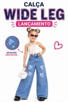Calça Wide Leg Infantil Jeans Destroyed Menina Estilosa Moda Blogueirinha 2026 Tam 2 ao 8