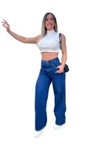 Calça Wide Leg Jeans Azul Escura Feminina Cintura alta