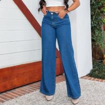 Calça Wide Leg Jeans Azul Escura Feminina Cintura alta
