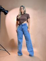 Calça Wide Leg Jeans Azul Lisa Feminina Cintura Alta 100 Jeans Sem Lycra 36 ao 46 Levanta Bumbum Estilosa Calça Premium