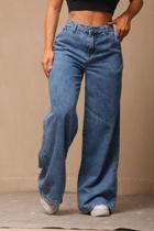 Calça Wide Leg Jeans Cintura Alta Adite 42