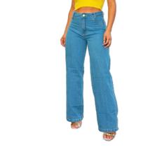 Calça wide leg jeans claro cintura alta feminina