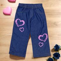 Calça Wide Leg Jeans Escuro Infantil - Tema Corações Rosa