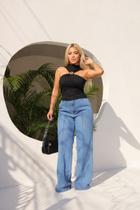 Calça Wide Leg Jeans Feminina Cargo Cintura Alta 100 Algodão Lavagem Média Calça Wide Leg Jeans Feminina Cargo Cintura Alta 100 Algodão Lavagem Média