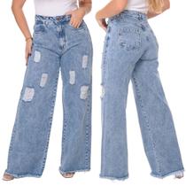 Calça Wide Leg Jeans Feminina Cintura Alta