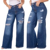 Calça Wide Leg Jeans Feminina Cintura Alta