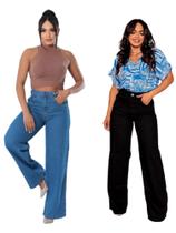Calça Wide leg jeans Feminina Cintura alta preta e azul