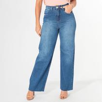 Calça Wide Leg Jeans Feminina Reta Com Bolso Cintura Alta