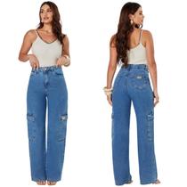CAlça Wide Leg Jeans Feminina Tendencia Cargo Cintura Alta Bolsos Laterais