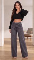 Calça Wide Leg Jeans Grafite Estonada Cintura Alta Calça Wide Leg Jeans Grafite Estonada Cintura Alta