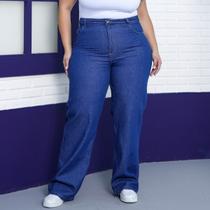 Calça Wide Leg Jeans Plus Size Feminina Pantalona Lisa Cintura Alta