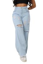 Calça wide leg jeans rasgada cintura alta