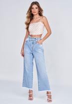 Calça Wide Leg Lado Avesso Cropped Jeans Azul Claro