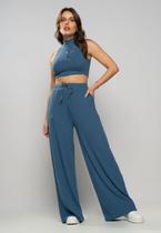 Calça Wide Leg Malha Canelada Azul Salvatore Fashion