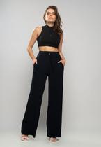 Calça Wide Leg Malha Canelada Preta Salvatore Fashion