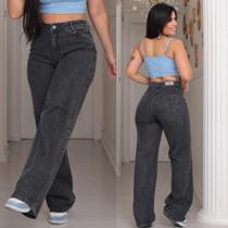 Calça Wide Leg Marmorizada Cinza/Chumbo Feminina Jeans Premium cintura alta Pantalona tendencia