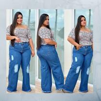 Calça Wide Leg Plus Size Azul Destroyed - 5287 Calça Wide Leg Plus Size Azul Destroyed - 5287