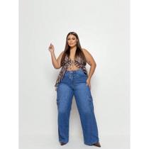 Calça Wide Leg Plus Size Jeans Cargo Feminina Escura Calça Wide Leg Plus Size Jeans Cargo Feminina Escura