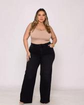 Calça Wide Leg Plus Size Jeans Preto Shyros
